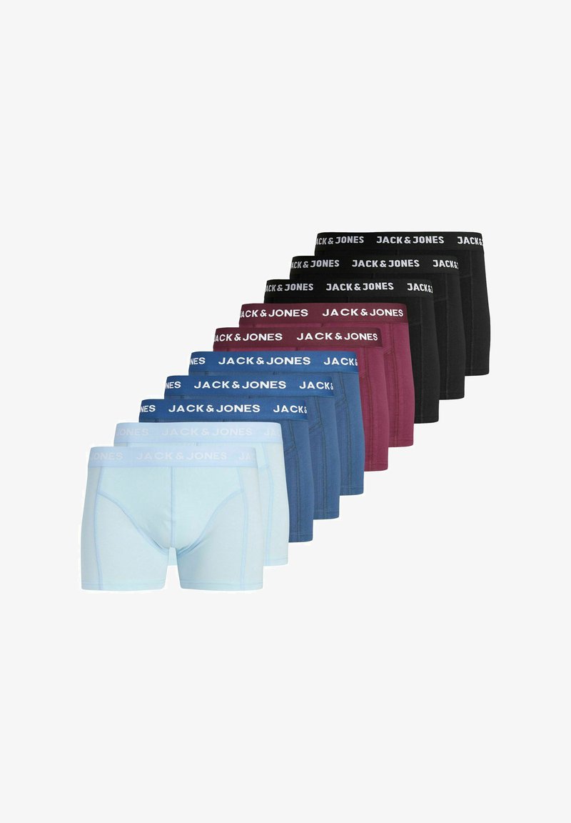 Pile de neuf boxers pour hommes en noir, bordeaux, bleu foncé et bleu clair, chacun avec une ceinture élastique marquée "JACK & JONES."