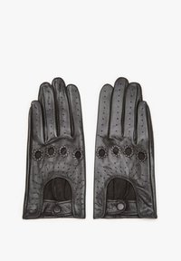 Schwarze Lederhandschuhe mit Perforationen, Fünf-Finger-Design und knöpfbaren Handgelenksakzenten. Glatte Textur mit floralen Verzierungen.