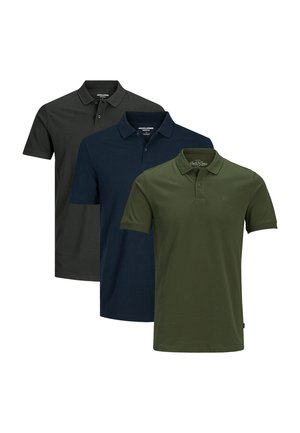 Trois polos : noir, marine et vert olive. Chacun possède un col classique et des manches courtes, fabriqué en coton lisse.