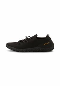 Black athletic shoe featuring a breathable mesh upper, elastic lacing system, and textured rubber outsole with a star pattern.