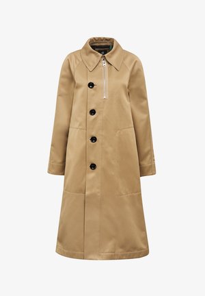 Beżowy płaszcz z gładkiej tkaniny, z kołnierzem, przednim zamkiem błyskawicznym, sześcioma czarnymi guzikami i dwoma dużymi bocznymi kieszeniami.