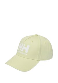 Gorra de béisbol de color amarillo claro hecha de tela con un visera curva. Presenta un destacado logo blanco "HH" y el texto "HELLY HANSEN" en la parte frontal.
