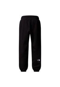 Svarte joggebukser med elastisk midjebånd og mansjetter ved ankler. Har en liten hvit logo på nedre del av benet. Glatt stofftekstur.