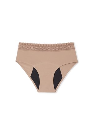 Culotte taille haute beige avec une bordure en dentelle à la taille, des panneaux latéraux noirs et une texture en coton douce.