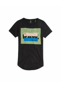 Svart t-shirt med kort ärm, dekorerad med gröna, beige och blå rektangulära grafik och texten "RAW" samt "G-STAR RAW E.89" framtill.