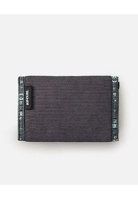 Black fabric wallet with ribbed texture, accented with a patterned trim along the edge. Features a small brand label. Compact and rectangular shape.