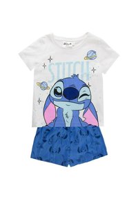 White T-shirt and blue shorts set featuring winking Stitch character, planets, and stars from Disney's Lilo & Stitch.