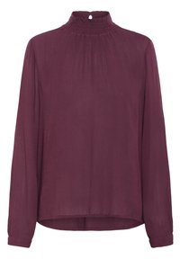 Long-sleeve, high-neck blouse in deep burgundy, featuring a smocked collar and soft, lightweight fabric with a slightly textured surface.