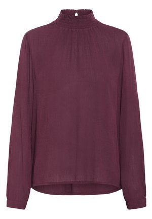 Long-sleeve, high-neck blouse in deep burgundy, featuring a smocked collar and soft, lightweight fabric with a slightly textured surface.