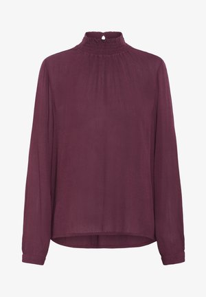 Langärmlige Bluse mit hohem Kragen in tiefem Burgunderrot, mit einem gesmokten Kragen und weichem, leichtem Stoff mit leicht strukturierter Oberfläche.