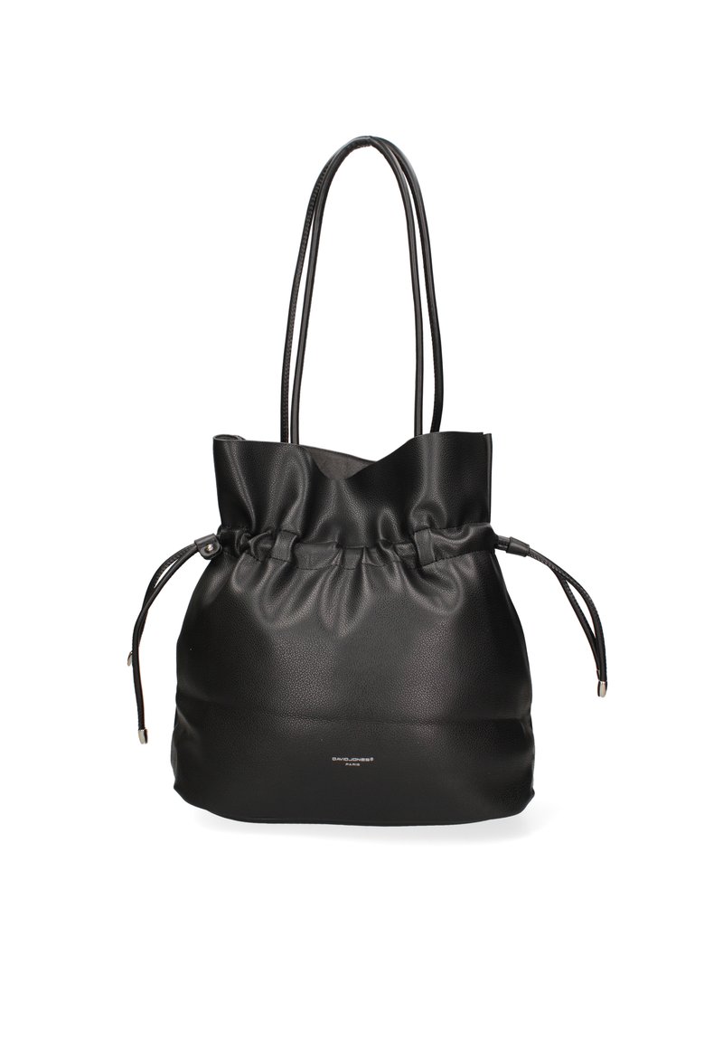Sac fourre-tout en cuir noir avec un haut froncé, fermeture à cordon réglable et longues poignées. Texture lisse avec un logo subtil sur le devant.