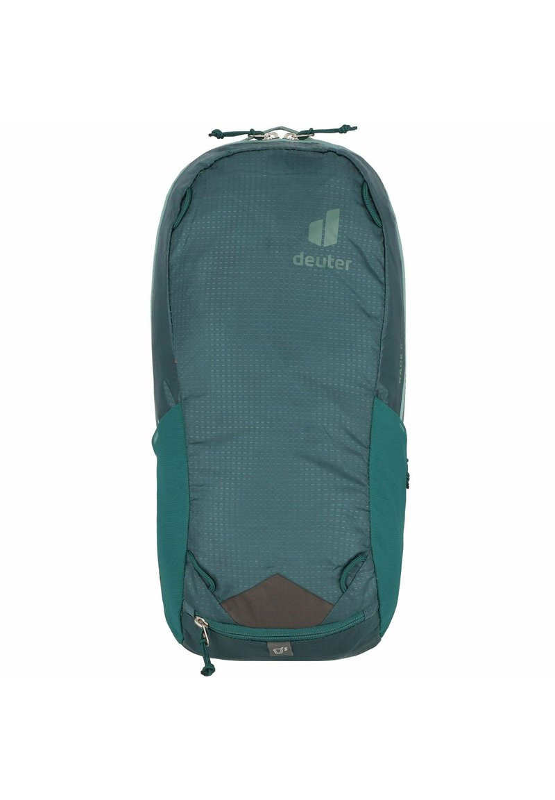 Green fabric backpack with textured surface, featuring a top drawstring closure, side pockets, and a logo printed on the front.