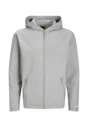 Light gray zip-up hoodie in soft fabric with a hood, two side pockets, and a smooth texture, featuring minimal branding on the hem.