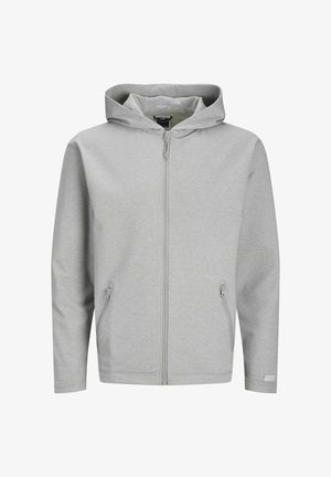 Gaišpelēka kapuce ar rāvējslēdzēju, izgatavota no mīkstas auduma, ar kapuci, divām sānu kabatām un gludu faktūru, ar minimālu zīmolu apakšmalā.