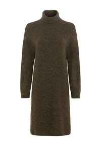 Robe à col roulé vert kaki en tissu maille douce, dotée de manches longues et d'une coupe décontractée, arrivant à mi-cuisse.