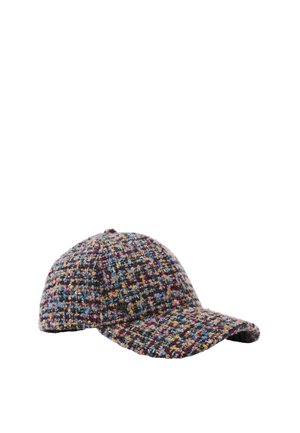 Colorful textured fabric baseball cap with a curved brim, featuring a multicolor tweed pattern and a small metal logo on the side.