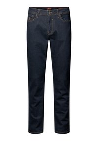 Jeans de mezclilla azul oscuro ajustados, con costuras naranjas, cinco bolsillos y cierre de botón en la cintura. Textura suave.