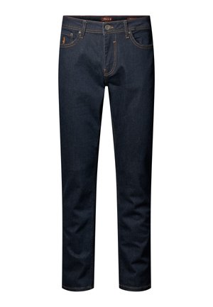 Dark blue denim jeans with a slim fit, featuring orange stitching, five pockets, and a button closure at the waist. Smooth texture.