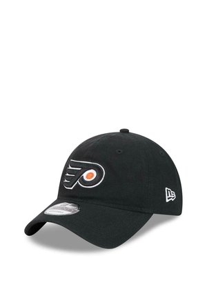 Schwarze Baseballkappe mit gesticktem Philadelphia Flyers-Logo. Aus Baumwollmaterial, mit gebogenem Schild und gesticktem Logo an der Seite.