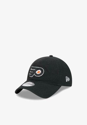 Black baseball cap with embroidered Philadelphia Flyers logo. Cotton material, curved brim, and a stitched logo on the side.