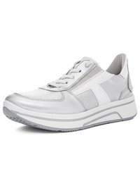 Silver and white lace-up sneaker with thick sole and ankle padding, angled side view on a white background.