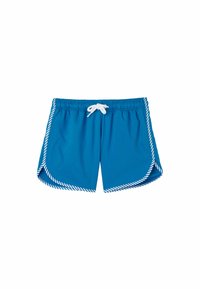 Blue swim shorts with an elastic waistband and adjustable white drawstring. Features white striped accent along the edges and side slits.