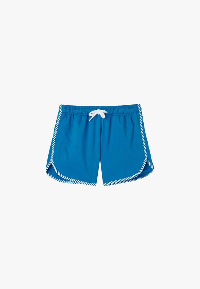 Blue swim shorts with an elastic waistband and adjustable white drawstring. Features white striped accent along the edges and side slits.