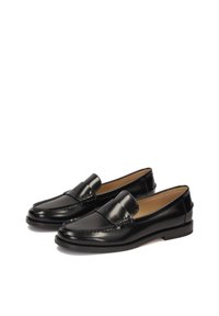 Black leather loafers with a smooth finish, rounded toe, decorative stitching, and a raised front panel. Flat, low heel design.