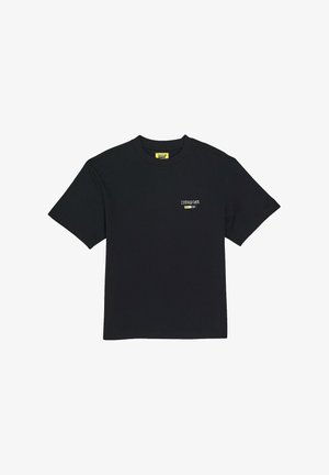 T-shirt nera a maniche corte con una piccola stampa grafica nell'area del petto sinistro. Realizzata in tessuto morbido e liscio, con una vestibilità regolare e collo a giro.