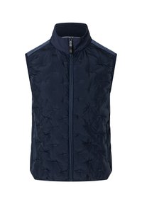 Marineblaues gesteppte Weste mit hohem Kragen, Frontreißverschluss und Seitentaschen. Hergestellt aus leichtem, strukturiertem Stoff für Komfort und Wärme.