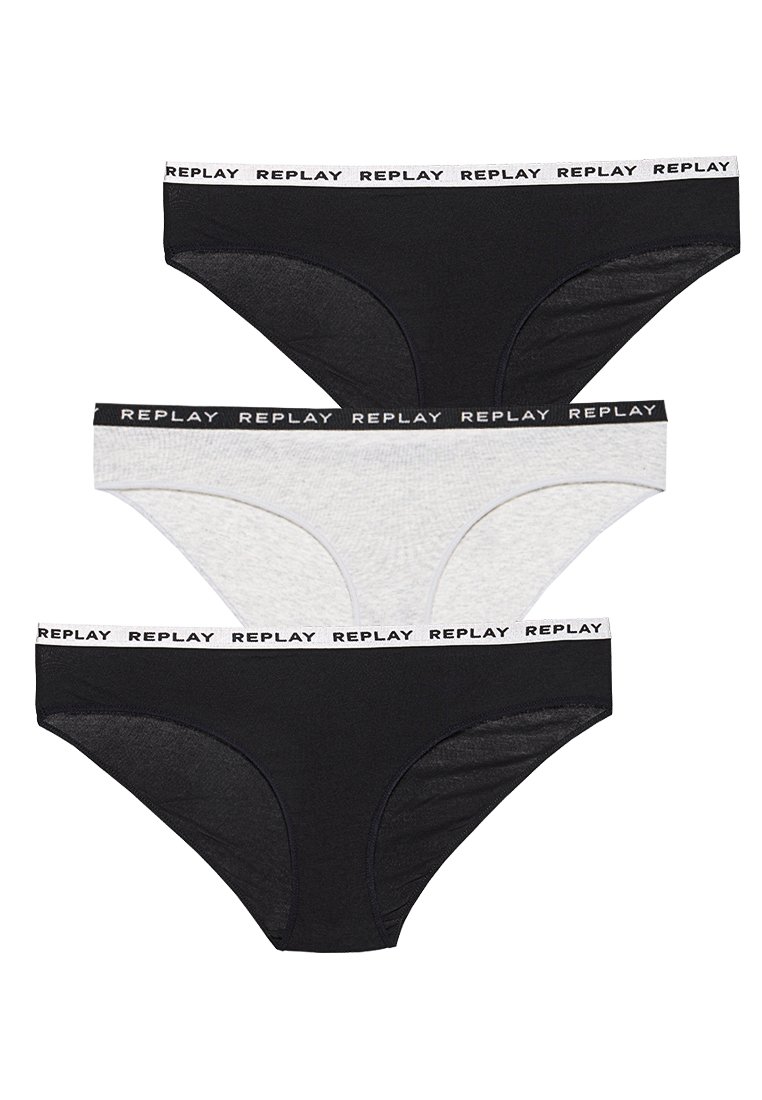 Trois culottes de style bikini pour femmes, en noir et gris clair, chacune avec une ceinture élastique de marque portant la mention "REPLAY".