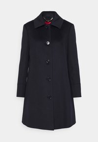 Navy wool coat with a collar, five front buttons, and long sleeves. Smooth texture and knee-length design. Red lining visible at the collar.