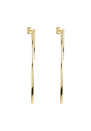 Par de pendientes largos y delgados de gota dorada con una textura sutil de espiga, que presentan dos barras cónicas colgando de cierres de poste.