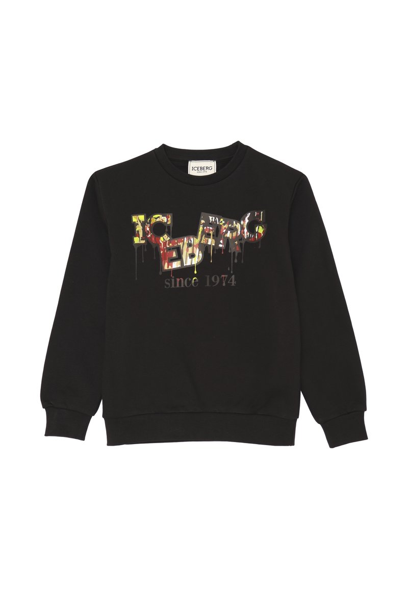 Felpa nera con polsini e orlo a coste, caratterizzata da una stampa grafica multicolore con la scritta "ICEBERG dal 1974" in diversi caratteri.