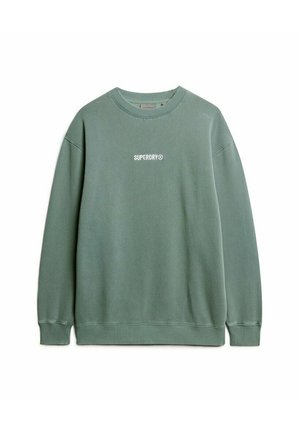Sudadera verde claro con cuello redondo clásico, puños y dobladillo acanalados, y el logotipo en blanco "SUPERDRY" en el frente. Material de mezcla de algodón suave.