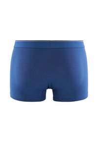 Siniset joustavat bokserit, joissa on sileä vyötärönauha ja helma, lyhyet lahkeet ja ei näkyviä koristeluja.