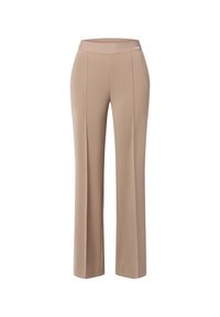 Beige weite Beine Hose mit glatter Textur, elastischem Bund und Vordernähten. Der Stoff ist weich und bietet eine entspannte Passform.