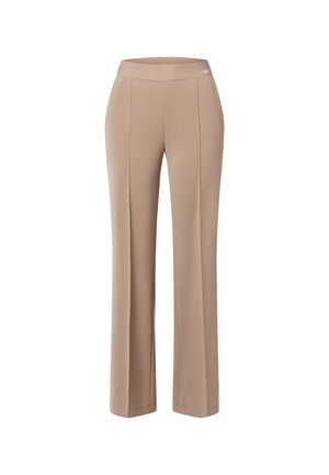 Beige weite Beine Hose mit glatter Textur, elastischem Bund und Vordernähten. Der Stoff ist weich und bietet eine entspannte Passform.