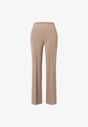 Beige weite Beine Hose mit glatter Textur, elastischem Bund und Vordernähten. Der Stoff ist weich und bietet eine entspannte Passform.