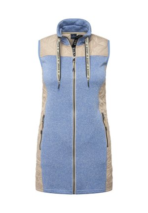 Gilet sans manches bleu clair et beige, avec un col montant, deux poches zippées et une fermeture éclair frontale complète avec des accents de cordon de serrage.