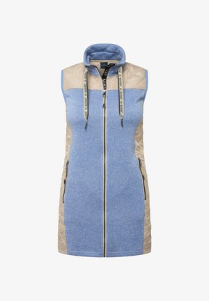 Bezrękawnik w jasnoniebieskim i beżowym kolorze, z wysokim kołnierzem, dwiema kieszeniami na zamek oraz pełnym zamkiem błyskawicznym z akcentami w postaci sznureczków.