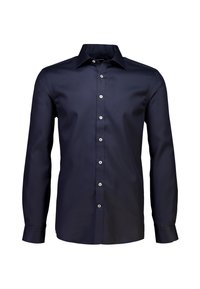 Camisa de manga larga azul marino, hecha de tela suave, con cuello puntiagudo y cierre de botones, que presenta botones blancos y un ajuste estructurado.