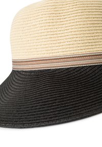 Two-tone sun hat with a cream top and black textured brim, featuring a brown striped band where the colors meet.