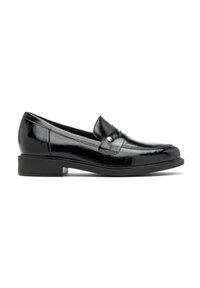 Black patent leather loafers with a low block heel, featuring a stitched design and a decorative strap with a small round accent.