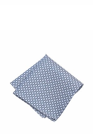Light blue cloth napkin with a repeating dark blue geometric diamond pattern, neatly folded on a white background.