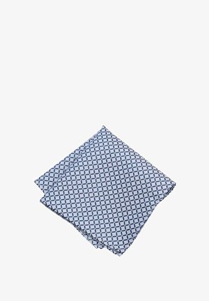 Light blue cloth napkin with a repeating dark blue geometric diamond pattern, neatly folded on a white background.