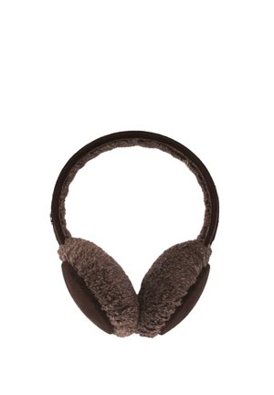 Brown over-ear earmuffs with soft, fuzzy padding on the ear cups and headband for warmth and comfort.