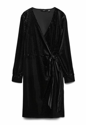 Vestito avvolgente nero in morbido velluto con scollo a V, maniche lunghe, cintura da annodare in vita e tessuto luccicante con paillettes su tutta la superficie.