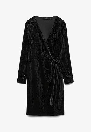 Robe portefeuille noire en velours doux avec un col en V, des manches longues, une taille à nouer et une texture brillante à sequins sur l'ensemble.