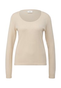 Pull beige à manches longues pour femme avec un col rond, des poignets et un ourlet côtelés, présenté sur un fond blanc.